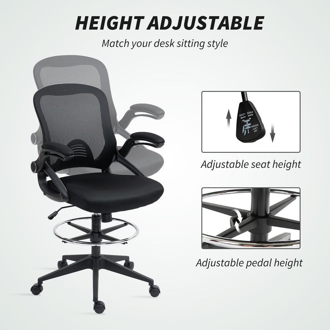Drafting Chair with Flip-up Armrest, Mesh Office Stool with Foot Ring, 360 Degree Swivel Height Adjustable Chair for Standing Desk, Black