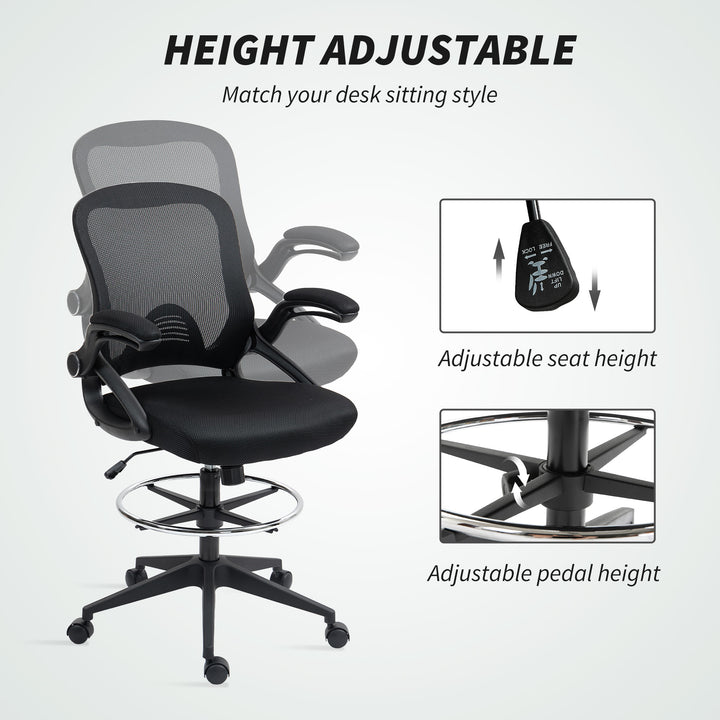 Drafting Chair with Flip-up Armrest, Mesh Office Stool with Foot Ring, 360 Degree Swivel Height Adjustable Chair for Standing Desk, Black