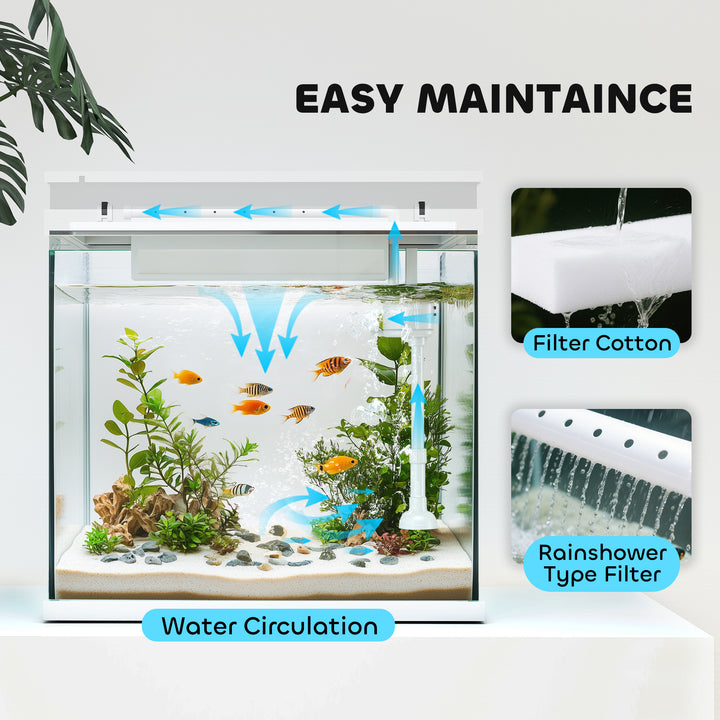 26L Glass Fish Tank With Filter System, LED Lights, Water Pump, White