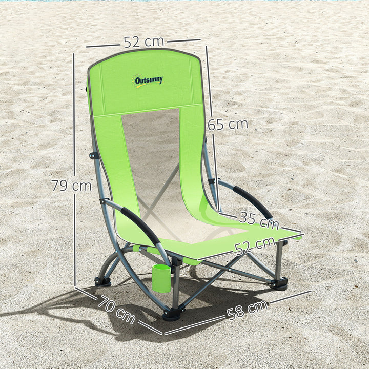 Set of 2 Folding Beach Chair, Low Camping Chair with Mesh Back, Carry Bag and Cup Holder for Garden Outdoor Picnic Festival Travel, Green