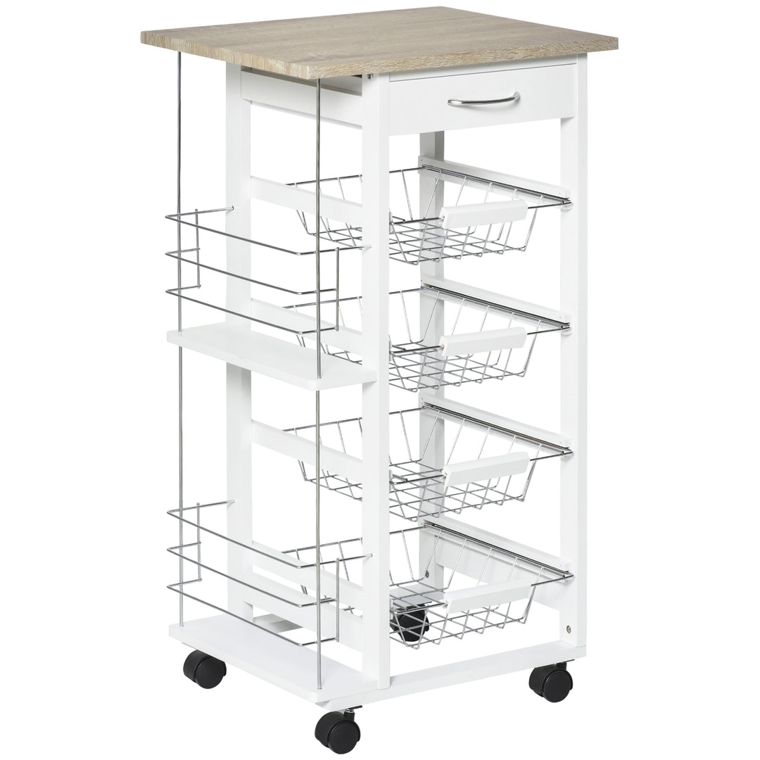 MCL Rolling Kitchen Cart, Utility Storage Cart with 4 Basket Drawers & Side Racks, Wheels for Dining Room, Natural and White