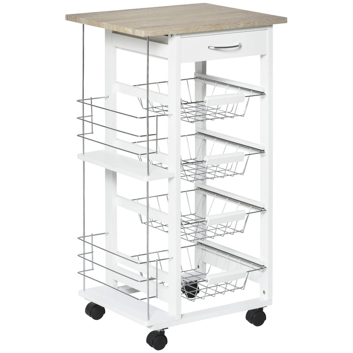 MCL Rolling Kitchen Cart, Utility Storage Cart with 4 Basket Drawers & Side Racks, Wheels for Dining Room, Natural and White
