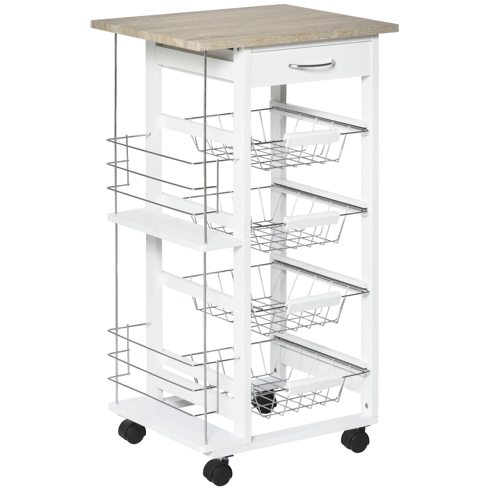 Rolling Kitchen Cart, Utility Storage Cart with 4 Basket Drawers & Side Racks, Wheels for Dining Room, Natural and White