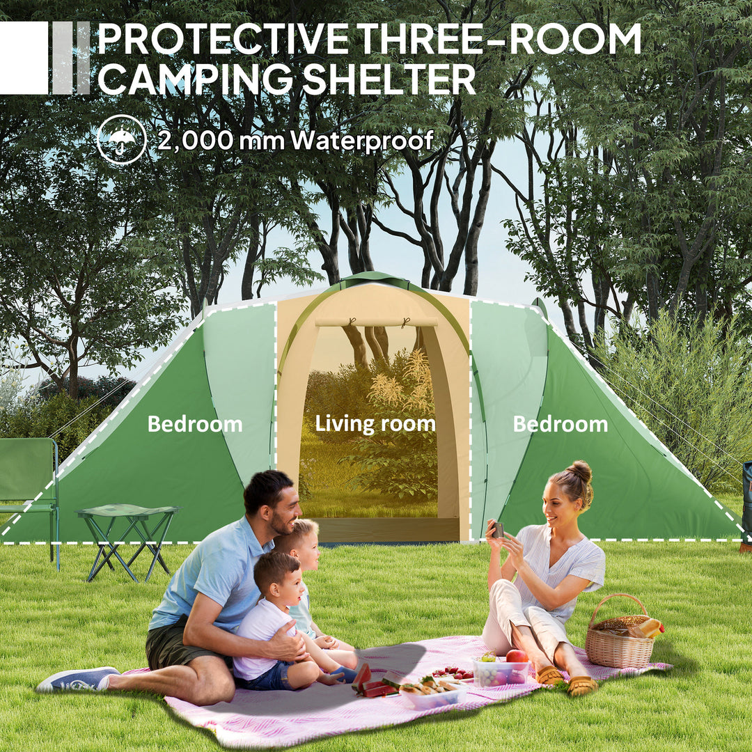 Large Camping Tent Tunnel Tent with 2 Bedroom and Living Area, 2000mm Waterproof, Portable with Bag for 4-6 Man, Green