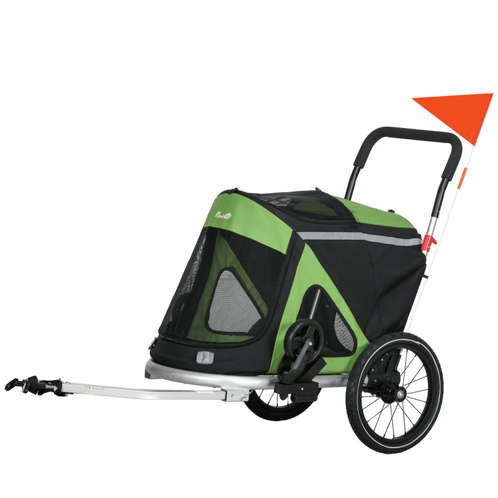 PawHut 2-in-1 Dog Bike Trailer & Pet Stroller, Aluminium, Foldable, for Medium Dogs, with Safety Flag, Green | Aosom UK