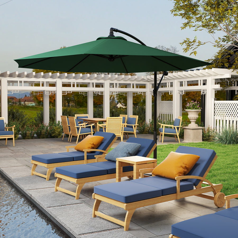 3(m) Banana Parasol Hanging Cantilever Umbrella with Crank Handle, 8 Ribs and Cross Base for Outdoor, Sun Shade, Dark Green