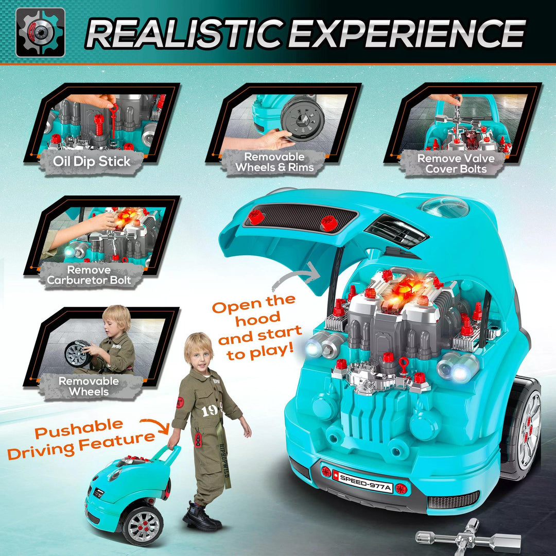 HOMCOM Kids Truck Engine Toy Set, Educational Car Service Station Playset, Take Apart Workshop, w/ Steering Wheel, for 3-5 Years Old Teal Green