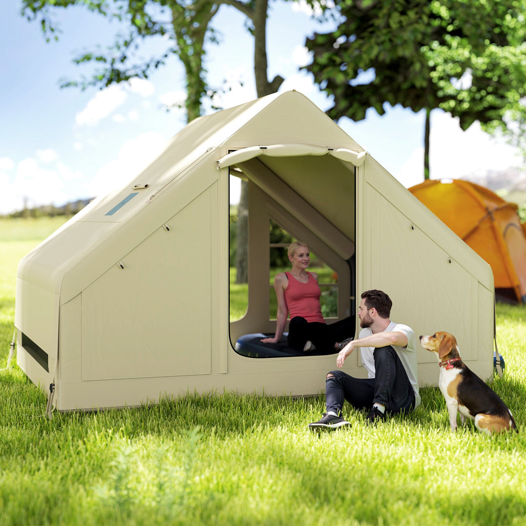 Inflatable Camping Tent with Pump and Stove Jack Hole, Easy Setup 2-4 Person Blow Up Tent, Waterproof Luxury Inflatable Tent with Mesh Windows, Doors, Hook and Carry Bag, Beige