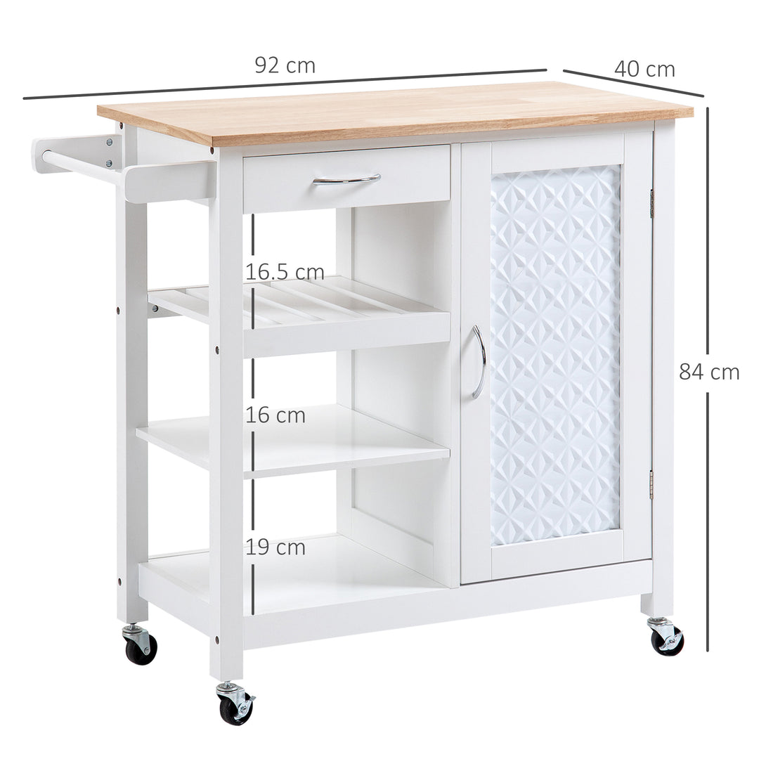Kitchen Trolley, Kitchen Island on Wheels with Embossed Door Panel, Utility Kitchen Cart with 3 Storage Shelves, White