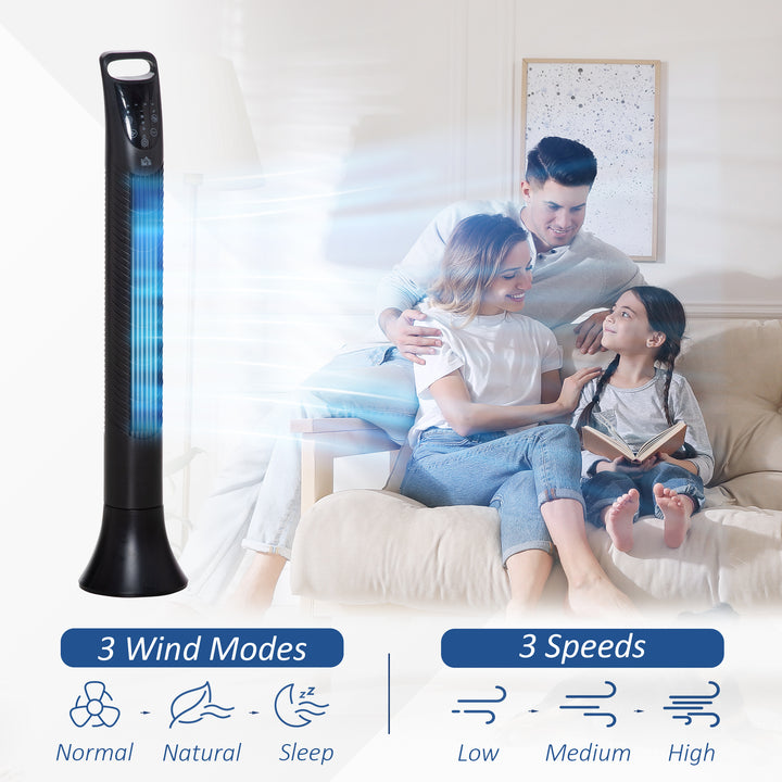 HOMCOM 36'' Tower Fan, Oscillating, 3 Speeds, 3 Modes, 7.5h Timer, LED Display, Remote Control, Black | Aosom UK