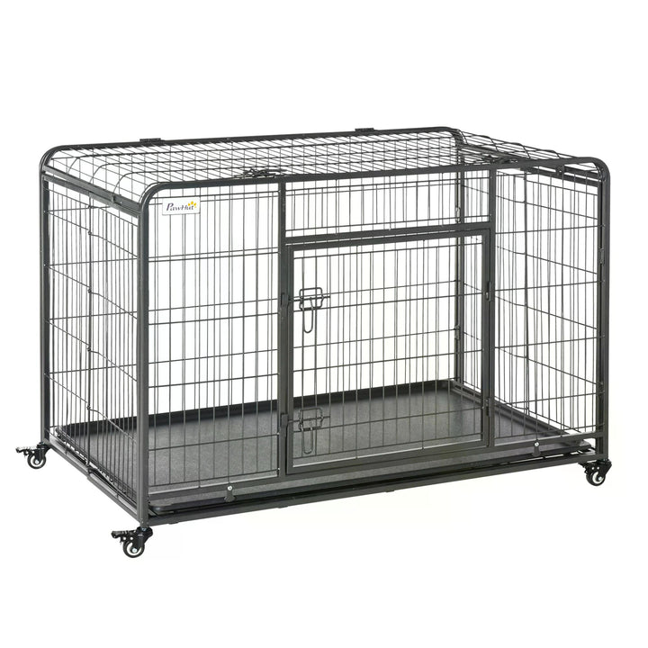 PawHut Folding Heavy-Duty Dog Crate: Double Door Pet Kennel with Removable Tray, Lockable Wheels, 125cm x 76cm x 81cm | Aosom UK