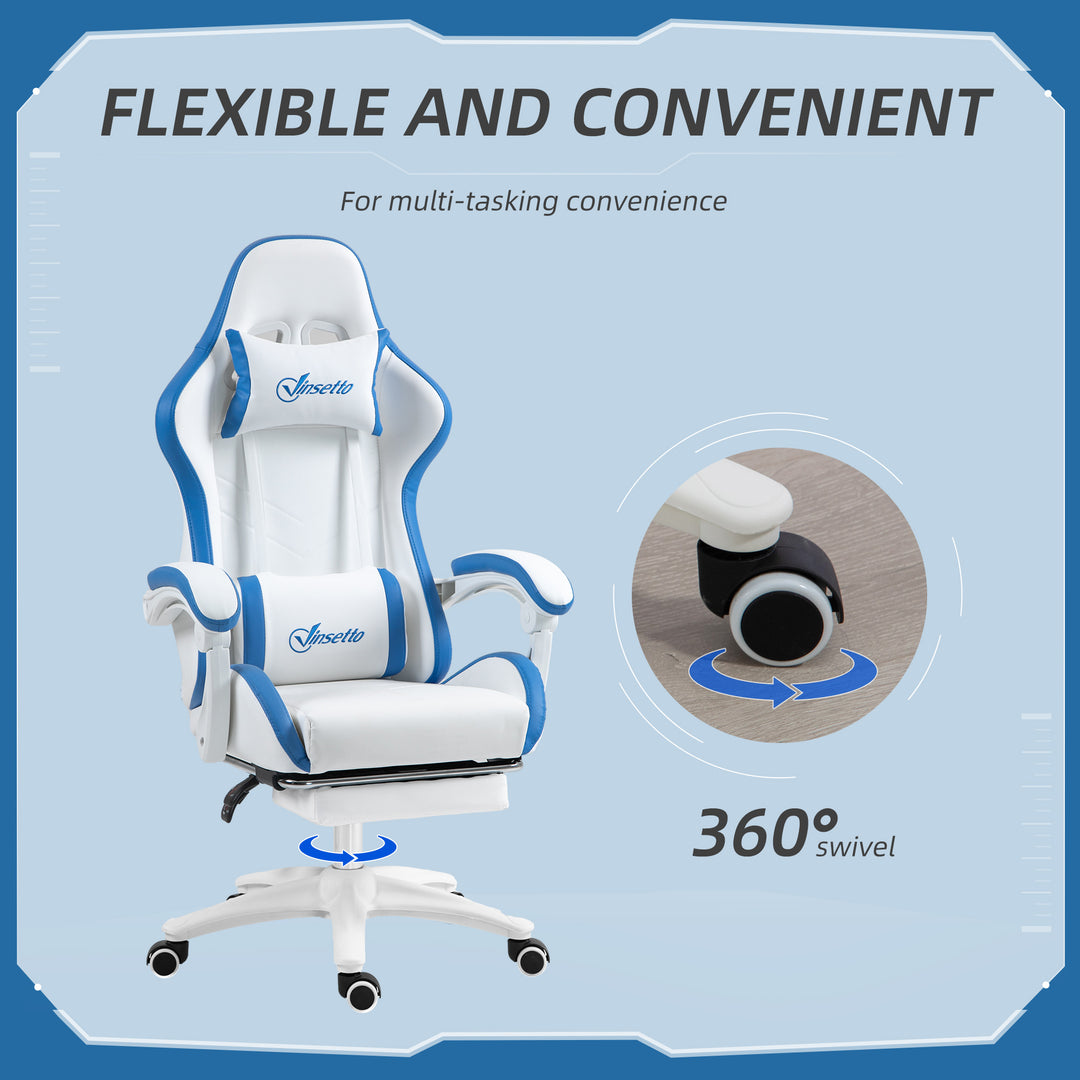 Computer Gaming Chair, PU Leather Office Desk Chair with Footrest, Swivel Wheels, 135° Reclining Back, Lumbar Support, Headrest for Home, White and Blue