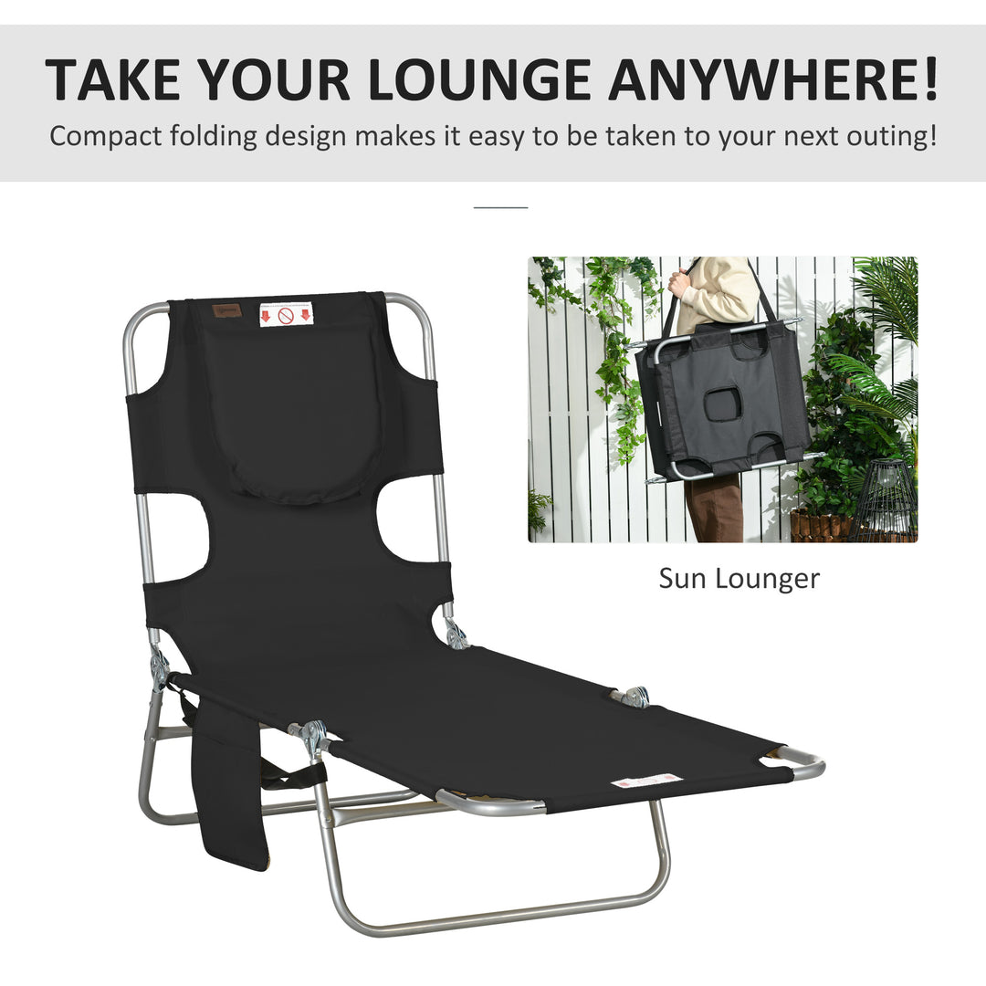 Foldable Sun Lounger, Beach Chaise Lounge with Reading Hole, Arm Slots, 5-Position Adjustable Backrest, Side Pocket, Pillow for Garden, Beach, Pool, Black