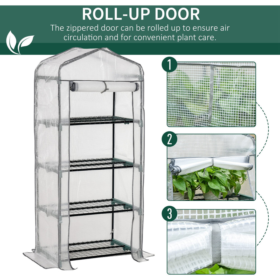 Outsunny Portable Mini Greenhouse, 4 Tier, Metal Frame with PE Cover, Plant Grow Shed, 160H x 70L x 50W cm, White.