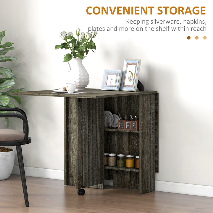 Folding Dining Table, Drop Leaf Table with 2-Tier Shelves, Rolling Casters, for Small Spaces, Kitchen, Grey