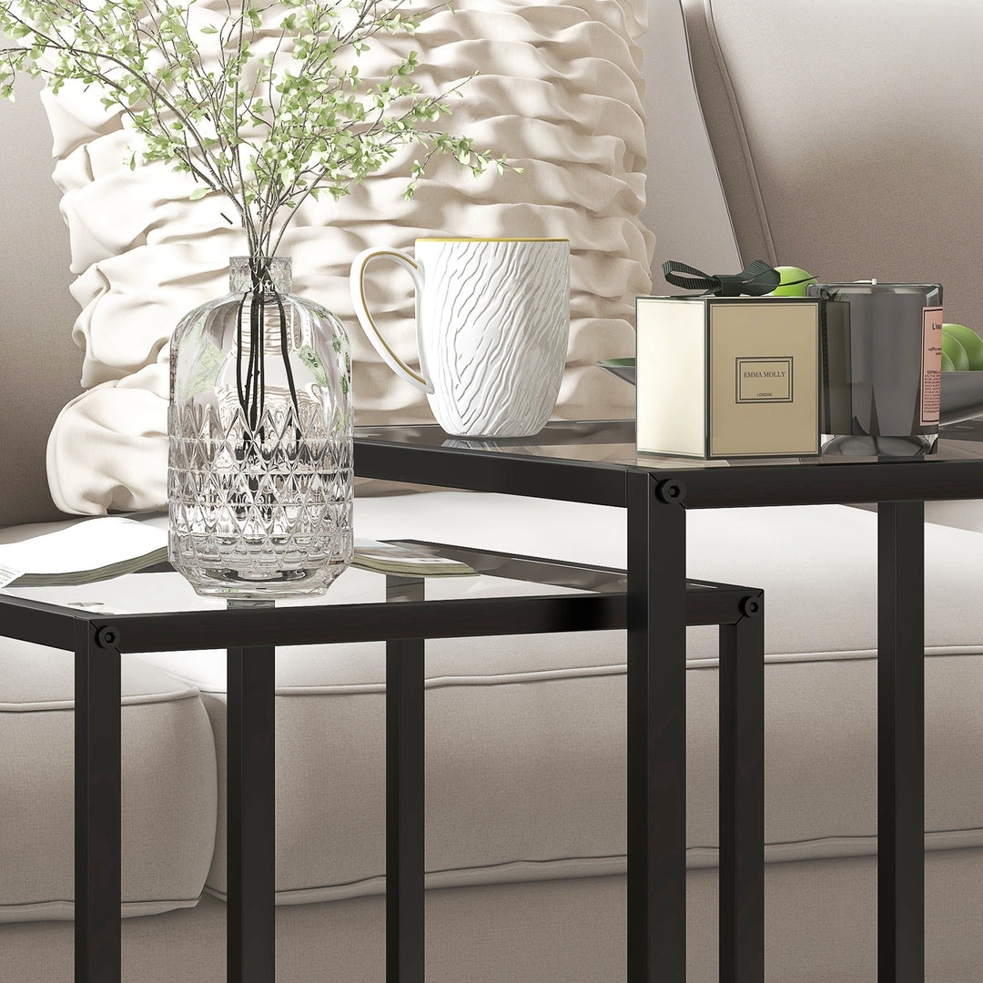 Nesting Tables Set of 2, Side End Table with Tempered Glass Top and Steel Frame for Living Room, Bedroom, Black