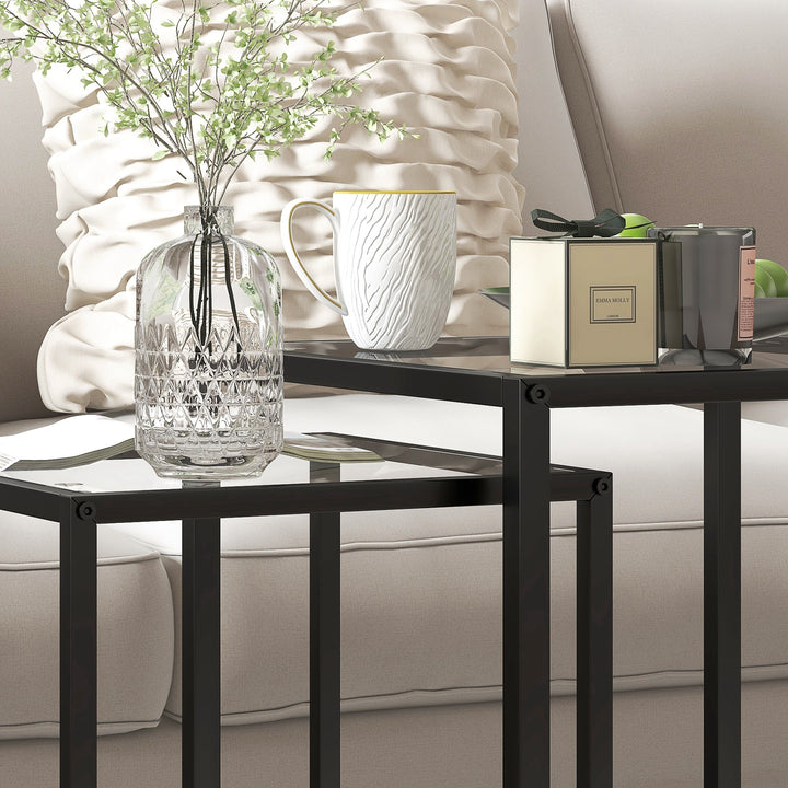 Nesting Tables Set of 2, Side End Table with Tempered Glass Top and Steel Frame for Living Room, Bedroom, Black