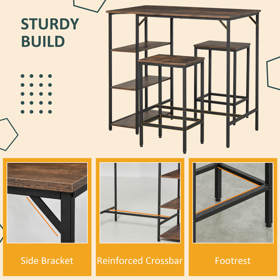 Industrial Bar Height Dining Table Set With 2 Stools & Side Shelf, 3 Pieces Coffee Table for Dining Room, Kitchen, Dinette