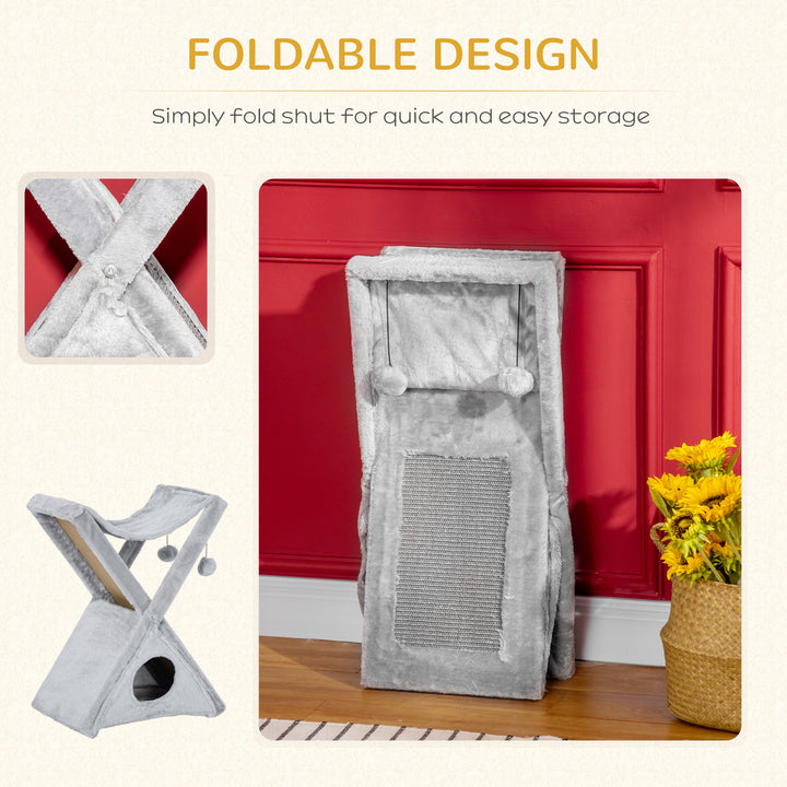 MCL Two Tier Cat Tree for Indoor Cats Play Rest Activity Tower Plush Folding Relax Center w/ Scratching Post Hammock Pom Poms Grey