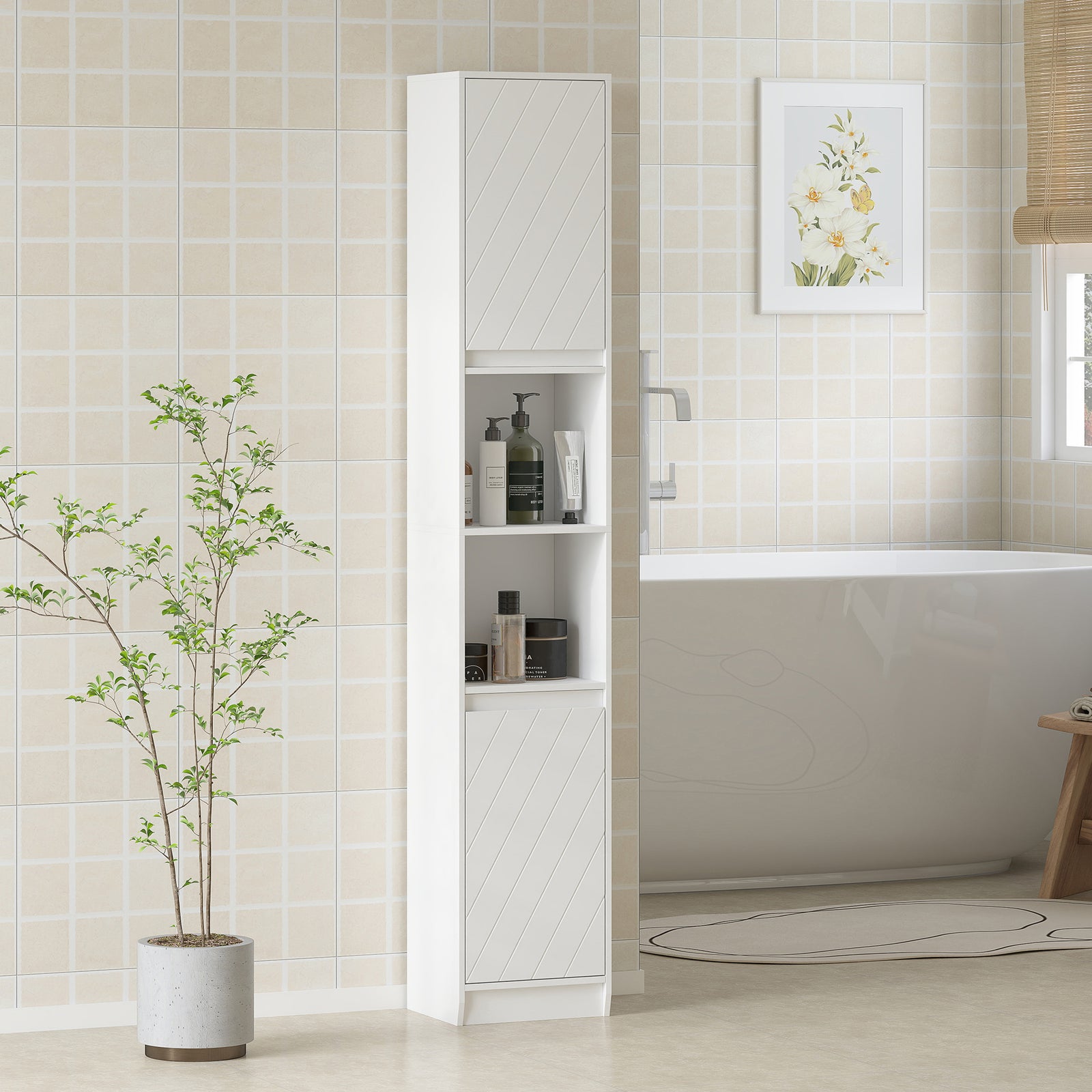 Narrow Bathroom Cabinet, Slim Bathroom Storage Unit with Open Compartment, Freestanding Storage Cupboard with Adjustable Shelves for Small Spaces, 30 x 24 x 170 cm, White