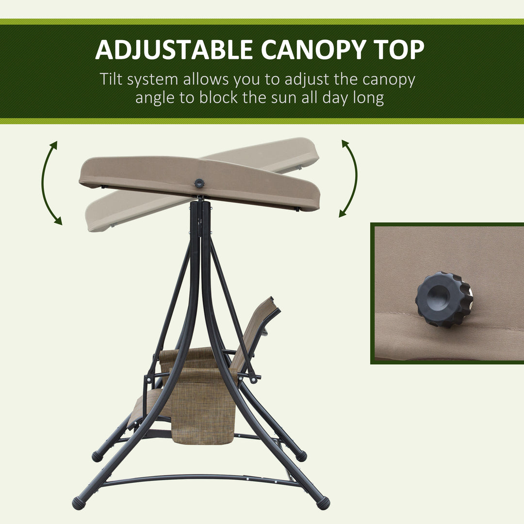 3 Seater Garden Swing Seat Outdoor Swing Chair with High Back Design, Steel Frame, Side Pouches, Adjustable Canopy, Brown