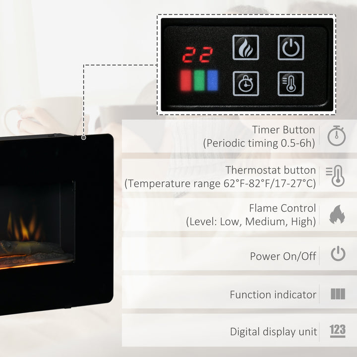 MCL Electric Wall-Mounted Fireplace Heater with Adjustable Flame Effect, Remote Control, Timer, 1800/2000W, Black
