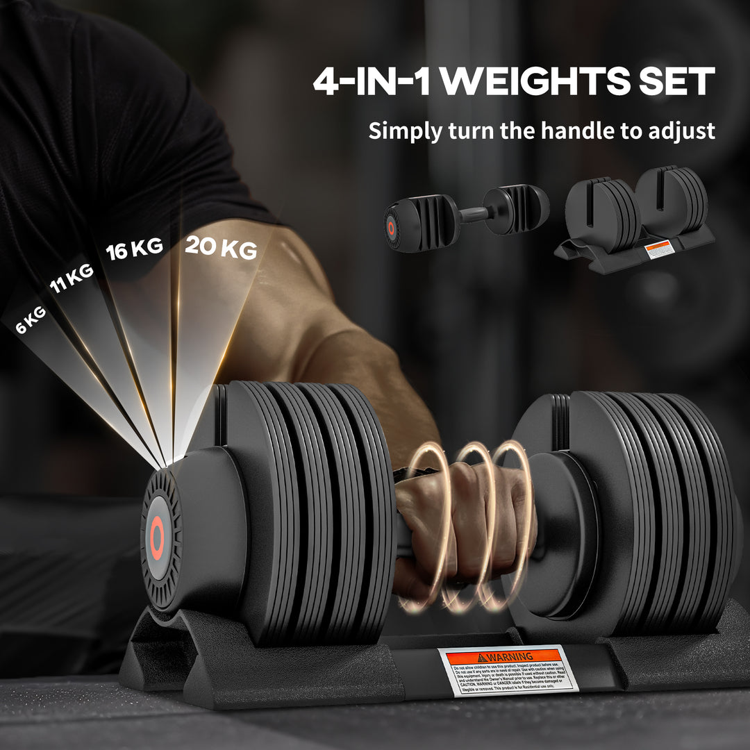 SPORTNOW Adjustable Dumbbells Set, 4-in-1 Weights Set with Storage Tray and Non-Slip Handle, 6KG 11KG 16KG 20KG | Aosom UK