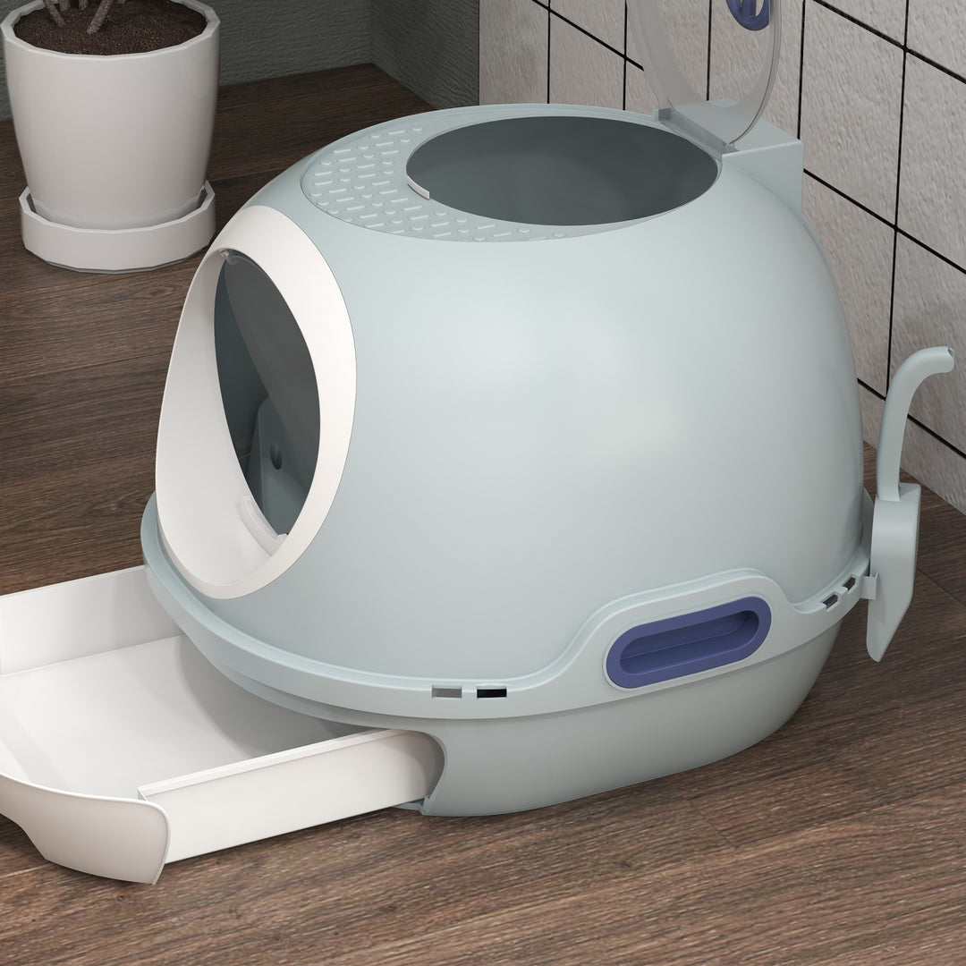 MCL Cat Litter Box Toilet with Litter Scoop Enclosed Drawer, Front Entry Top Exit, Easy To Clean Blue