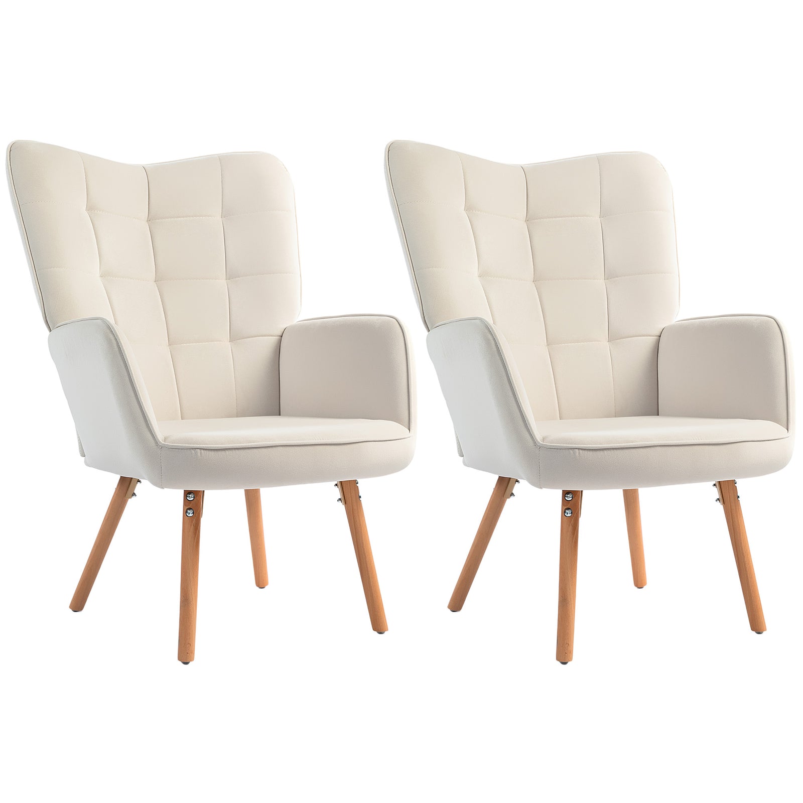 Modern Accent Chair Set of 2 Velvet-Touch Tufted Wingback Armchair Upholstered Leisure Lounge Sofa Club Chair with Wood Legs, Cream White