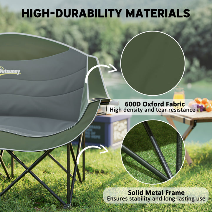 Double Camping Chair for Adults, Oversized Heavy Duty Padded Folding Chair with Armrests, Cup Holders and Carry Bag for Outdoor Camping Hiking Picnic Fishing, 250kg Capacity, Green