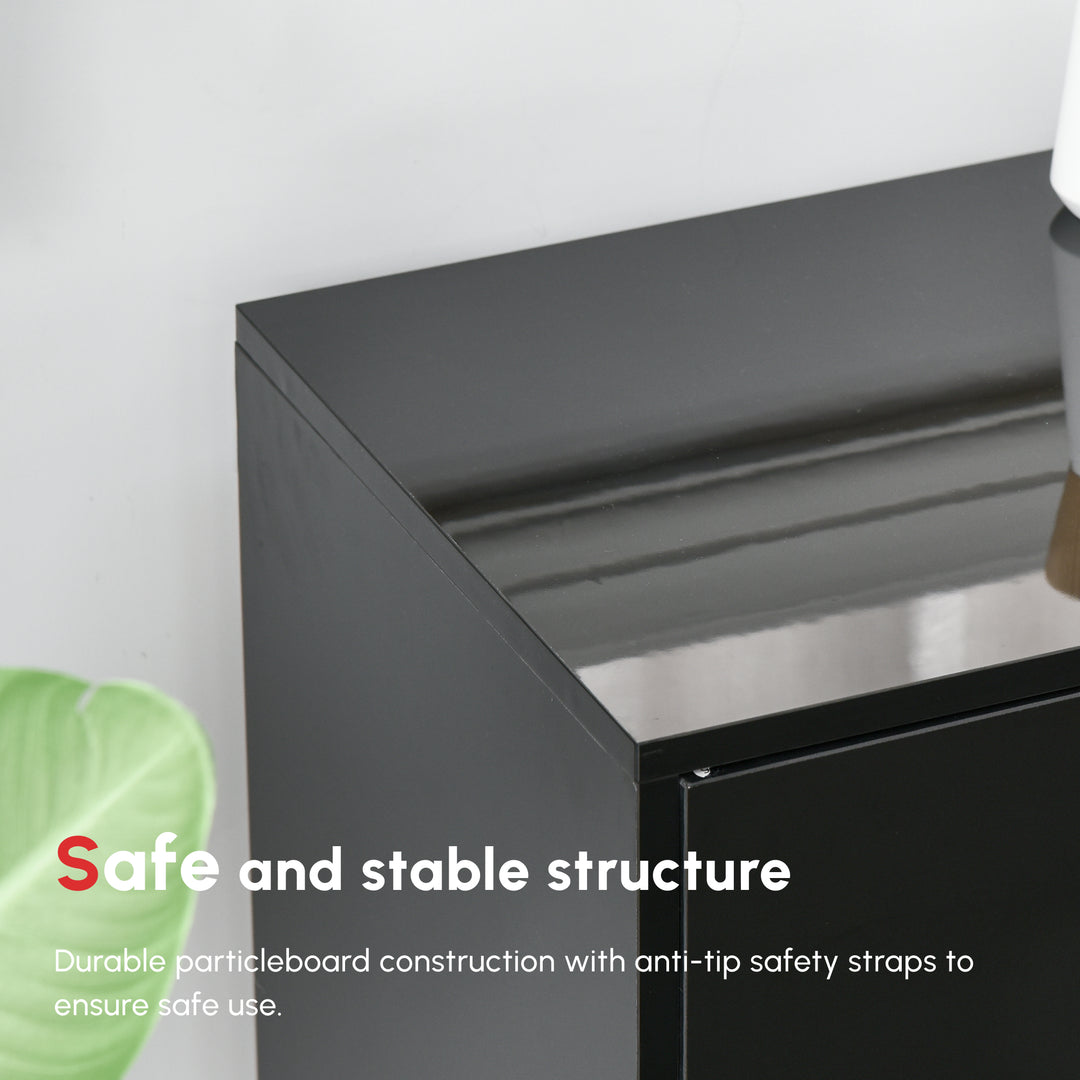 High Gloss Side Cabinet, Push-Open Design with 2 Drawers and 2 Cabinets for Living Room, 74H x 117W x 36Dcm, Black