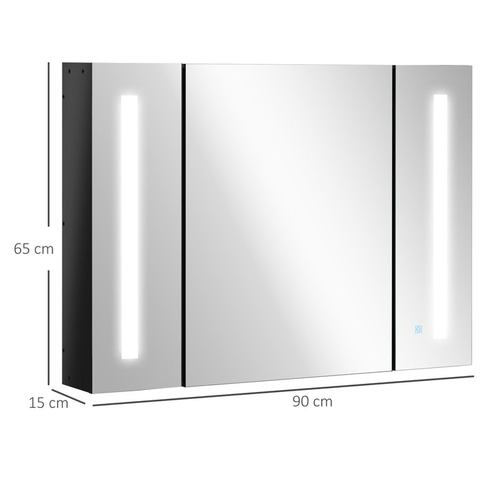 MCL LED Bathroom Cabinet with Mirror, Wall Mounted Dimmable Brightness Storage Organiser with 3 Mirrored Doors and Adjustable Shelves, Memory Function, USB Charge, High Gloss Black
