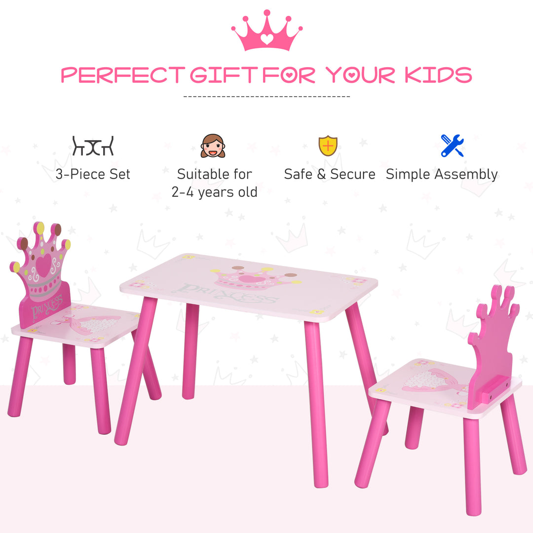 HOMCOM Kids' Wooden Table and Chair Set with Crown Pattern, Easy-Clean Surface, Ideal Gift for Girls Toddlers Aged 3 to 8, Pink | Aosom UK