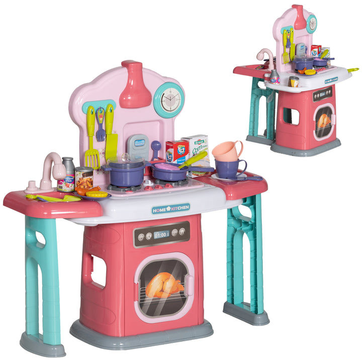 AIYAPLAY Toy Kitchen, 45 Pieces Kids Kitchen with Rotating Side Tables, Toddler Pretend Role Play Kitchen with Light, Sounds, Spray Effect for Children 3-6 Years, Pink | Aosom UK