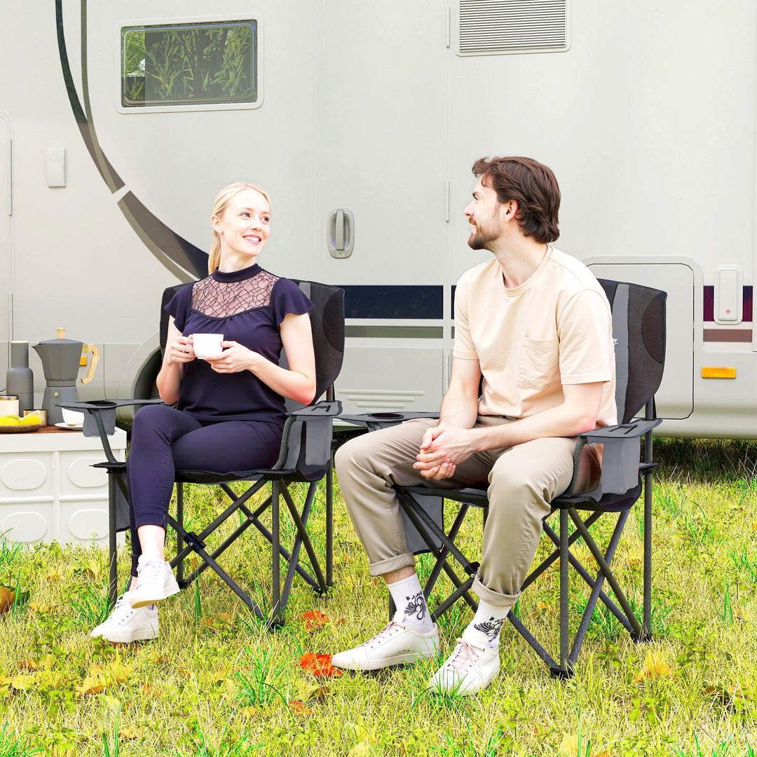 Set of 2 Folding Camping Chairs, Padded Camping Chairs with Adjustable Armrests, Portable & Lightweight Folding Camp Chair with Cooler Bag, Cup Holder and Side Pockets, Grey