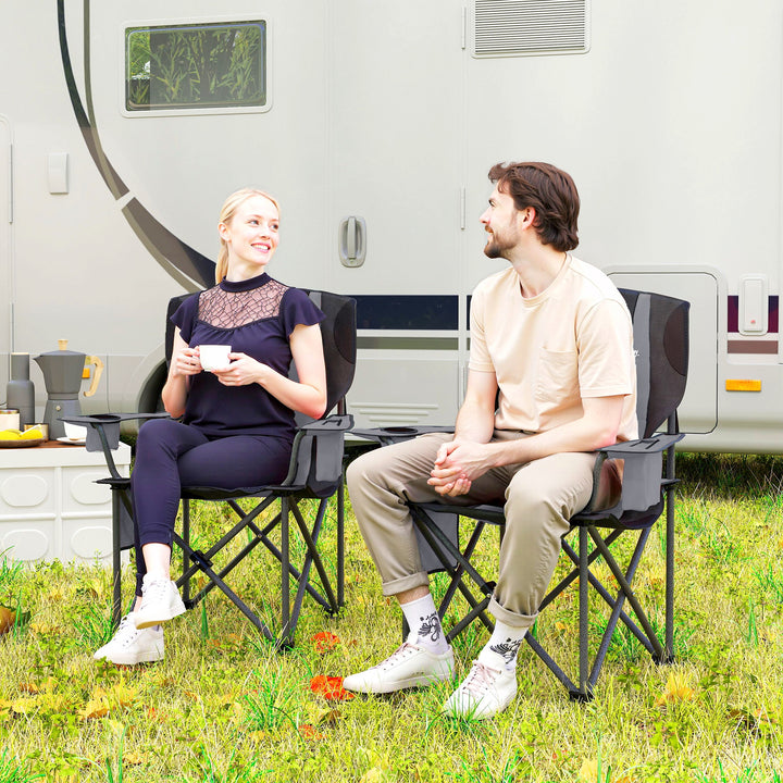 Set of 2 Folding Camping Chairs, Padded Camping Chairs with Adjustable Armrests, Portable & Lightweight Folding Camp Chair with Cooler Bag, Cup Holder and Side Pockets, Grey