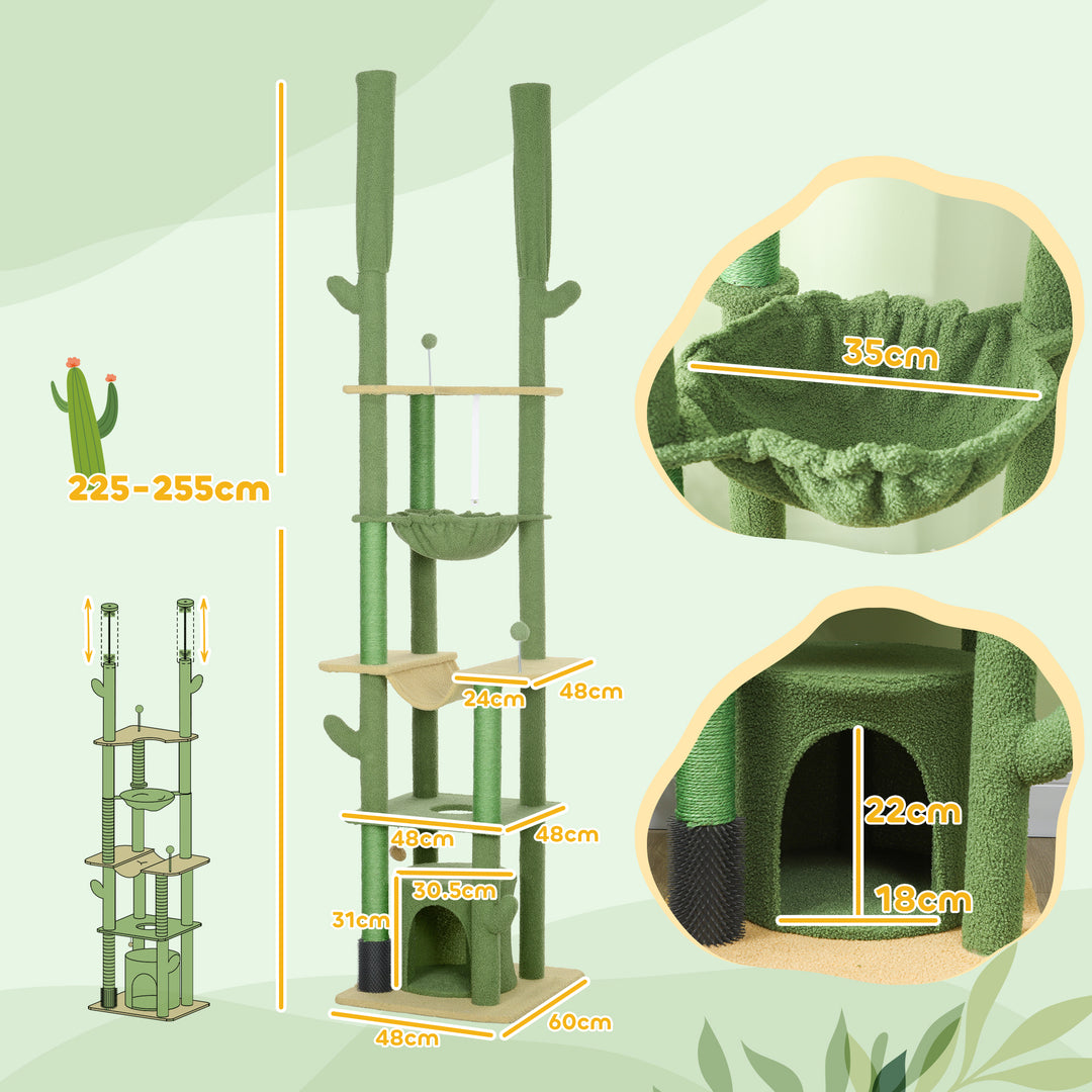 225-255cm Adjustable Floor to Ceiling Cat Tree, Tall Cat Tower for Indoor Cats w/ Scratching Posts, Green