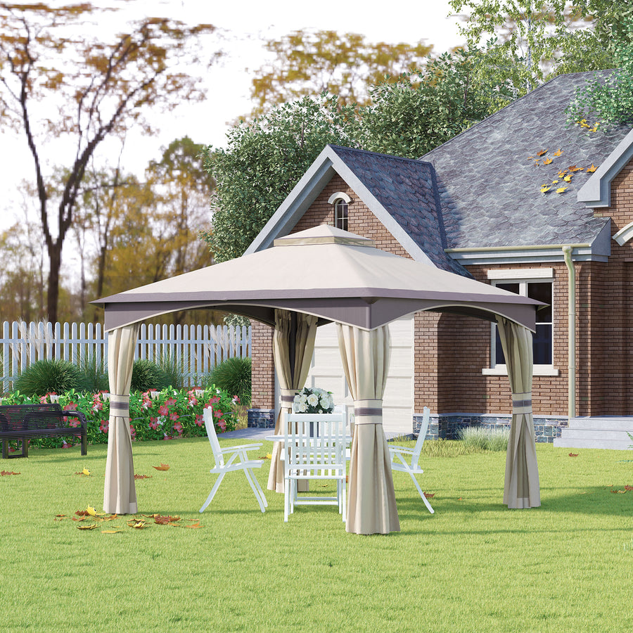 3.2 x 3.2m Garden Gazebo, Double Roof Outdoor Gazebo Canopy Shelter with Netting, Solid Steel Frame for Garden, Lawn, Backyard and Deck