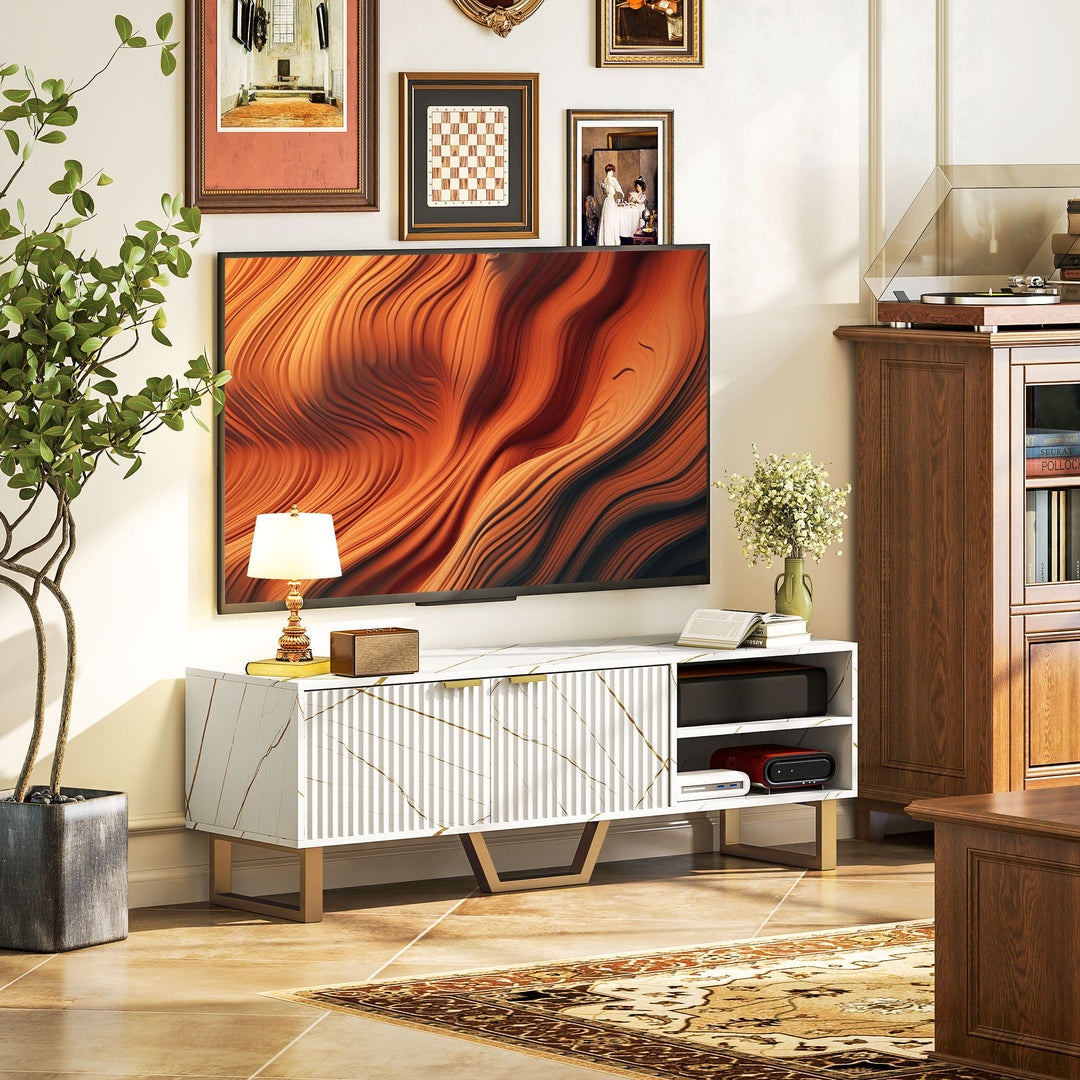 Marble Effect TV Unit, TV Stand Cabinet for up to 70" TVs, Modern TV Cabinet with Shelves and Storage Cupboard, Fluted Door, Extra Centre Leg, Cable Management for Living Room
