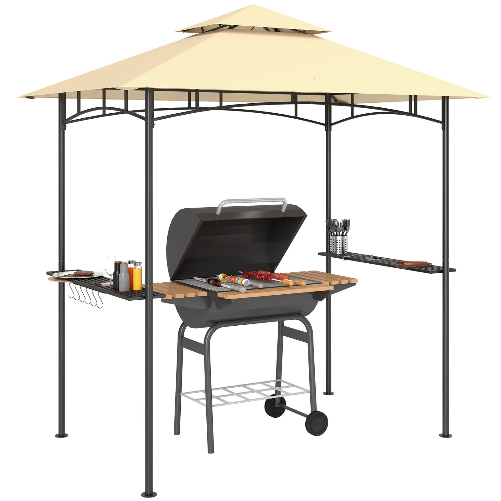 8' x 5' Grill Gazebo, Double Tiered BBQ Gazebo Shelter Canopy with LED Lights, 2 Side Shelves, Hooks, Beige
