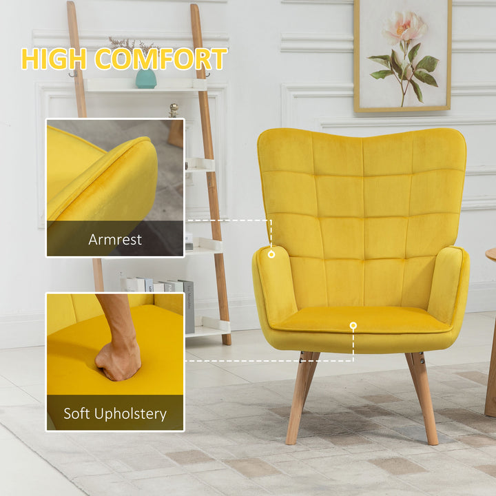 Modern Accent Chair HOMCOM Velvet-Touch Tufted Wingback Armchair Upholstered Leisure Lounge Sofa Club Chair with Wood Legs, Yellow | Aosom UK