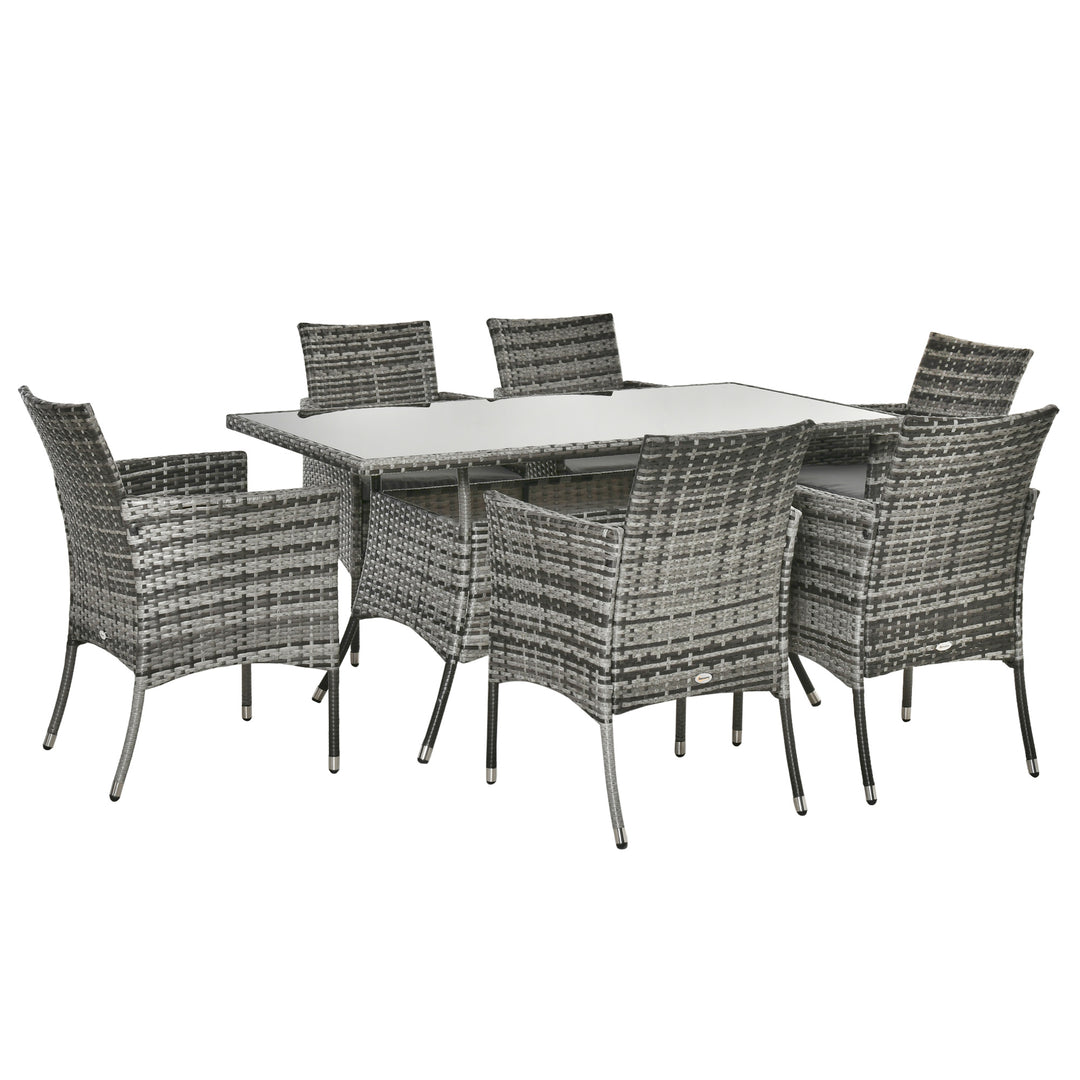 MCL 7-Piece Rattan Garden Furniture Set with Cushions, 6 Seater Garden Table and Chairs, Rattan Dining Set with 6 Armchairs, Rectangular Glass Top Table, Grey