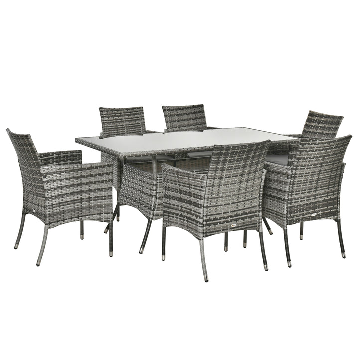 MCL 7-Piece Rattan Garden Furniture Set with Cushions, 6 Seater Garden Table and Chairs, Rattan Dining Set with 6 Armchairs, Rectangular Glass Top Table, Grey