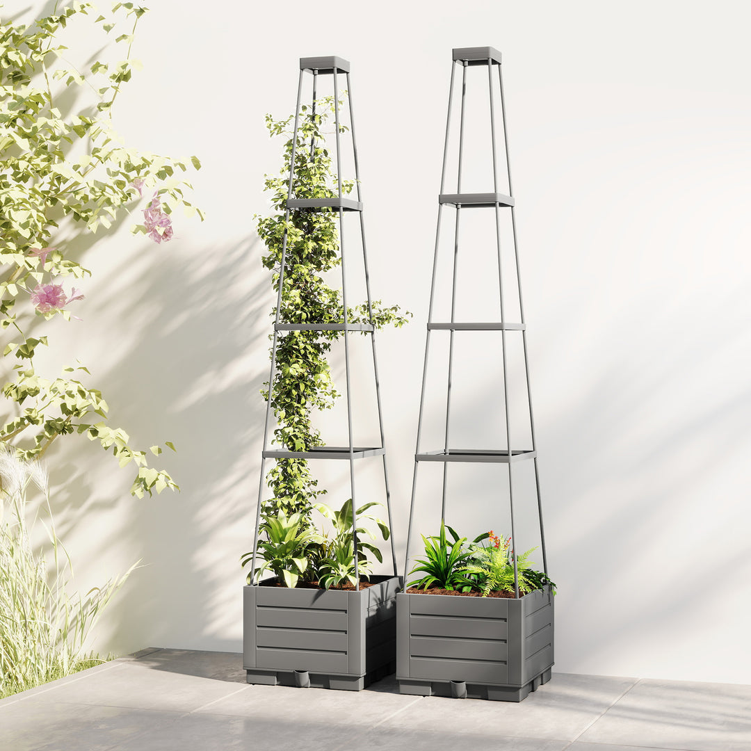 2 Pack Raised Garden Bed with Trellis, Plastic Outdoor Planter Box wit