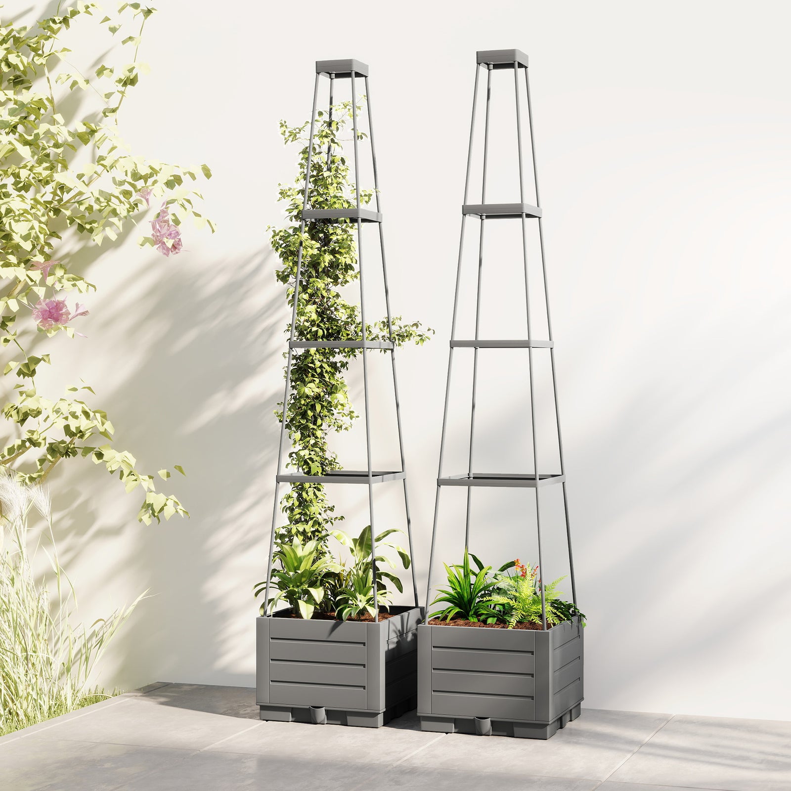 2 Pack Raised Garden Bed with Trellis, Plastic Outdoor Planter Box wit