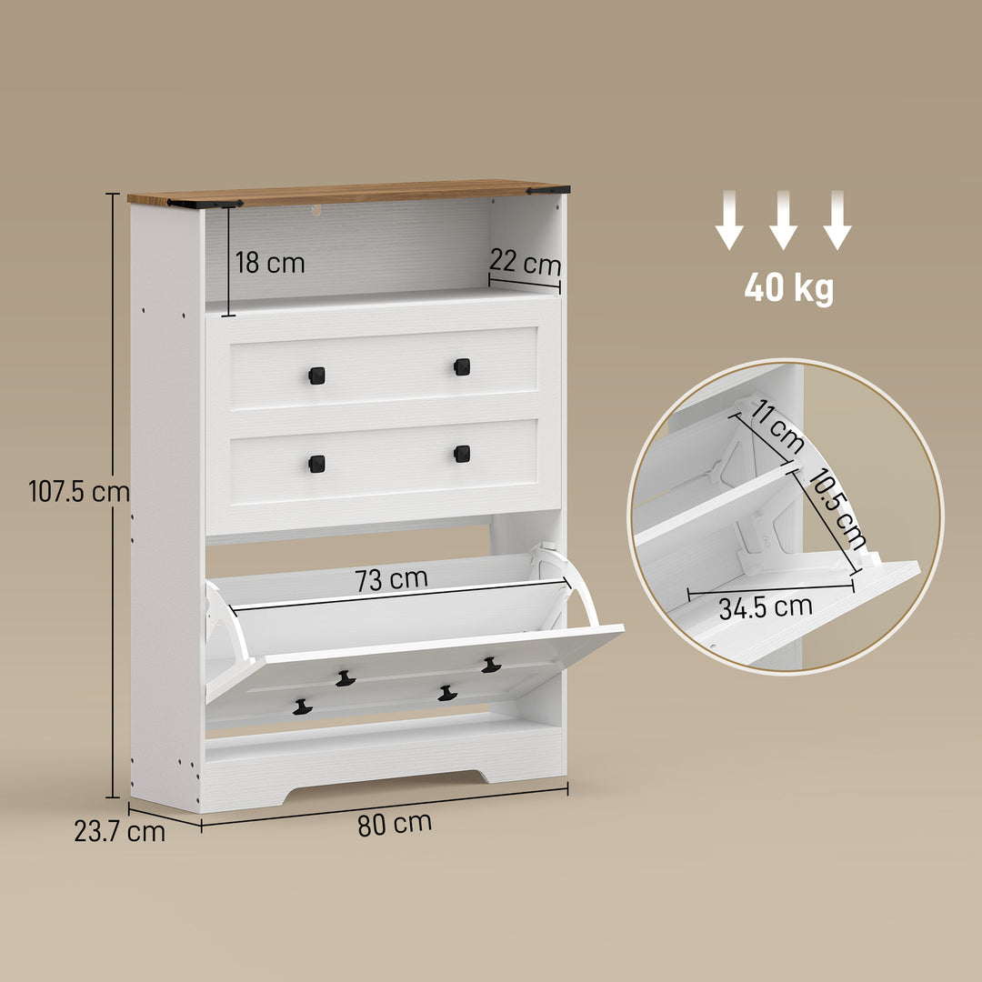 Shoe Cabinet with 2 Flip Drawers, Narrow Shoe Storage Cabinet, White