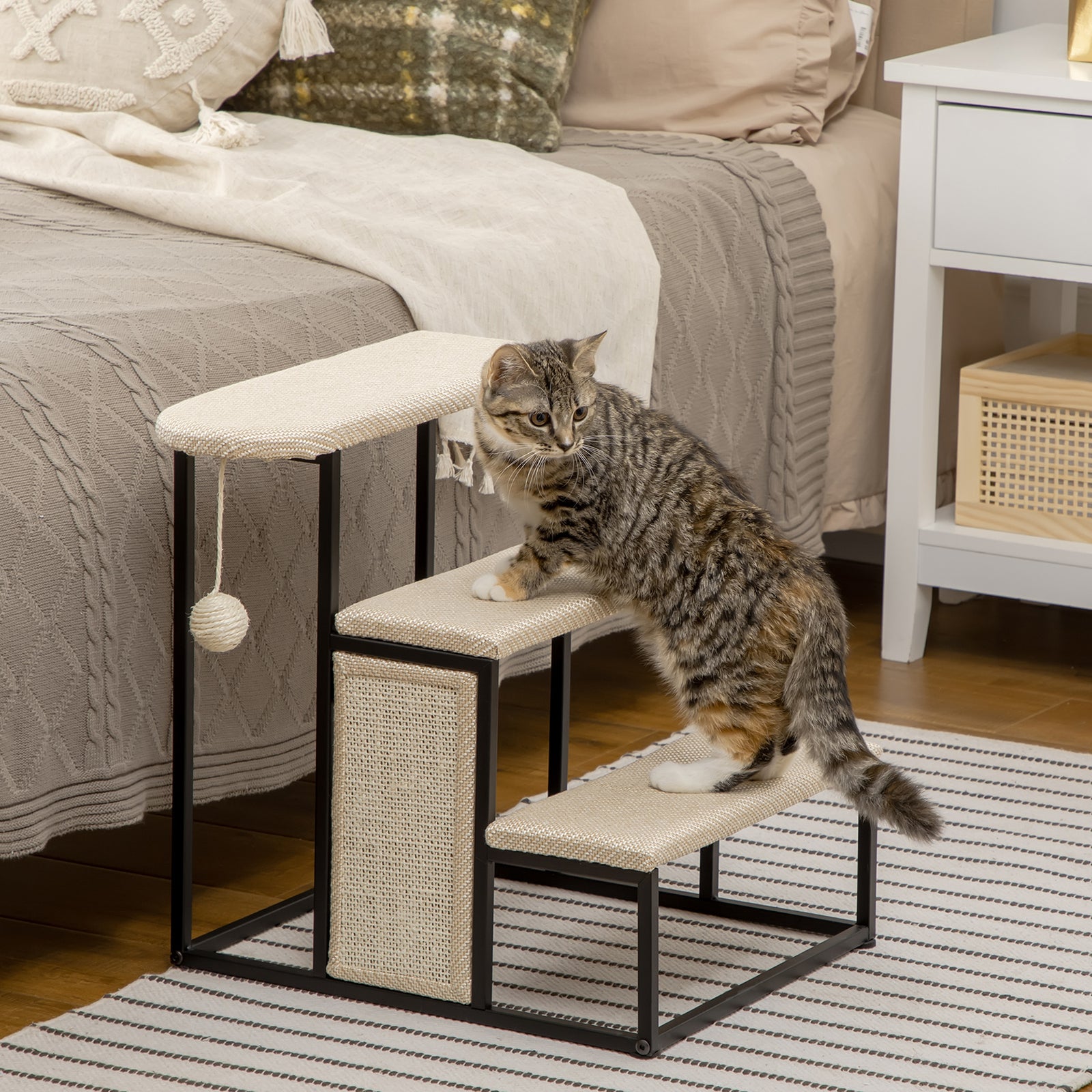 Three-Step Pet Stairs, with Sisal Scratching Board, Toy Hanging Ball, Steel Frame