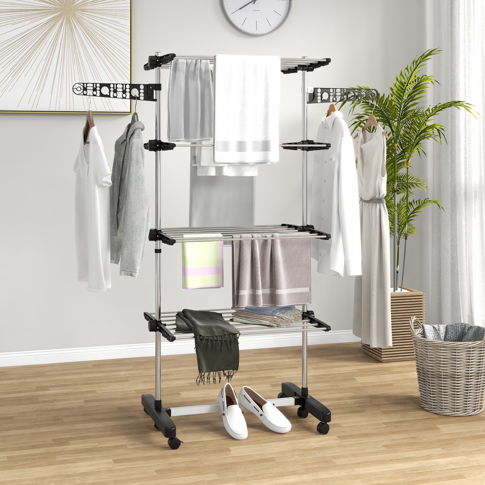 Four-Shelf Collapsing Clothes Horse, With Side Arms and Wheels - Black