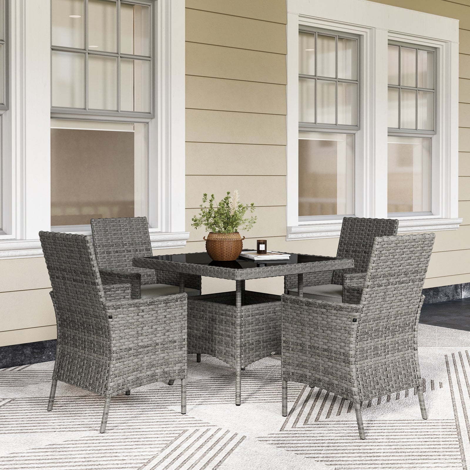 Rattan Garden Furniture Set, Outdoor Dining Table and Chairs 4 Seater with Cushions, Square Tempered Glass Top, 4 Armchairs, for Balcony, Terrace, Conservatory, Grey