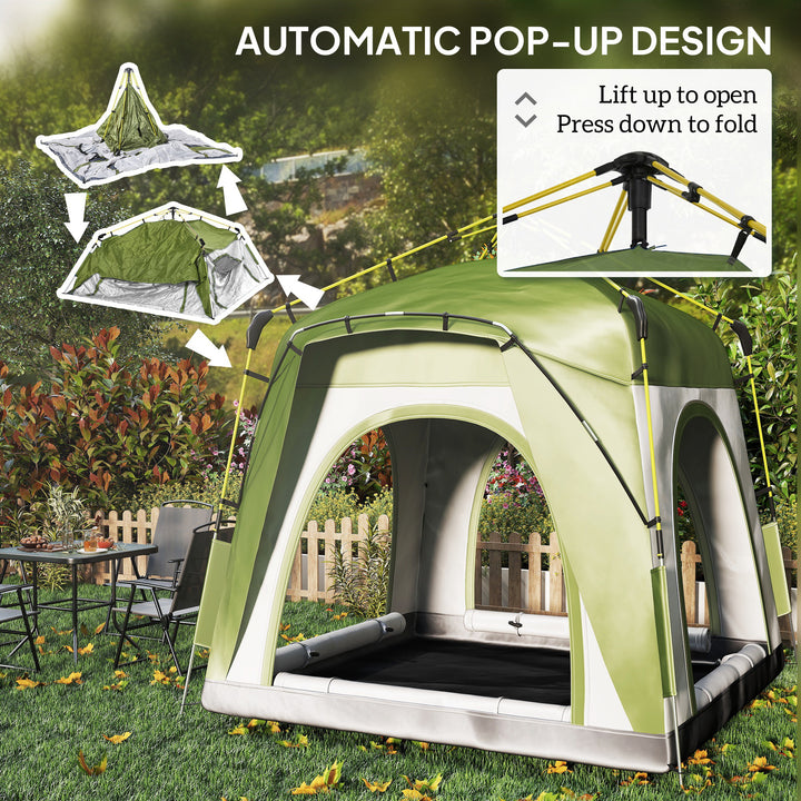Instant Pop Up Camping Tent, 4 Man Dome Tent with 4 Doors, Sewn-in Groundsheet, Carry Bag and Top Hook for Fishing Hiking Festival, Green